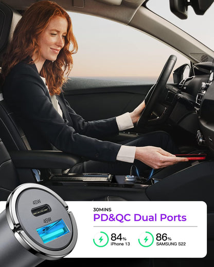 Dual USB C Car Charger Adapter,  90W Super Fast Type C Car Chargers [All Metal], Smallest Cigarette Lighter Fast Car Charing for Iphone 16/15/14 Pro Max, Samsung S24/23/22, Ipad Pro